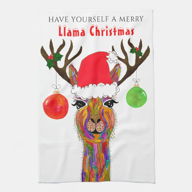 Cute Llama Joyeux Noël Serviette de cuisine (Vertical)