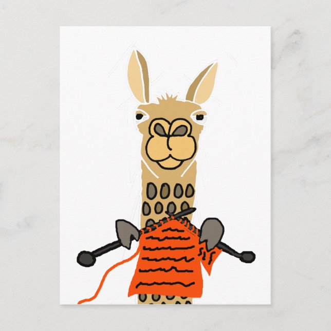 Cute Llama Knitting Cartoon Postkarte (Vorderseite)