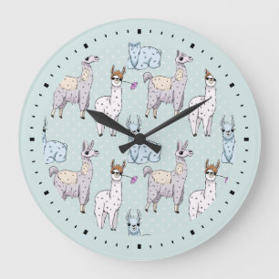 Cute Llama Pattern on Polka Dots Große Wanduhr