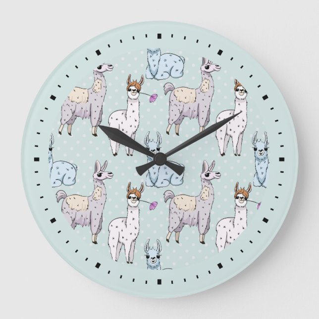 Cute Llama Pattern on Polka Dots Große Wanduhr (Vorderseite)