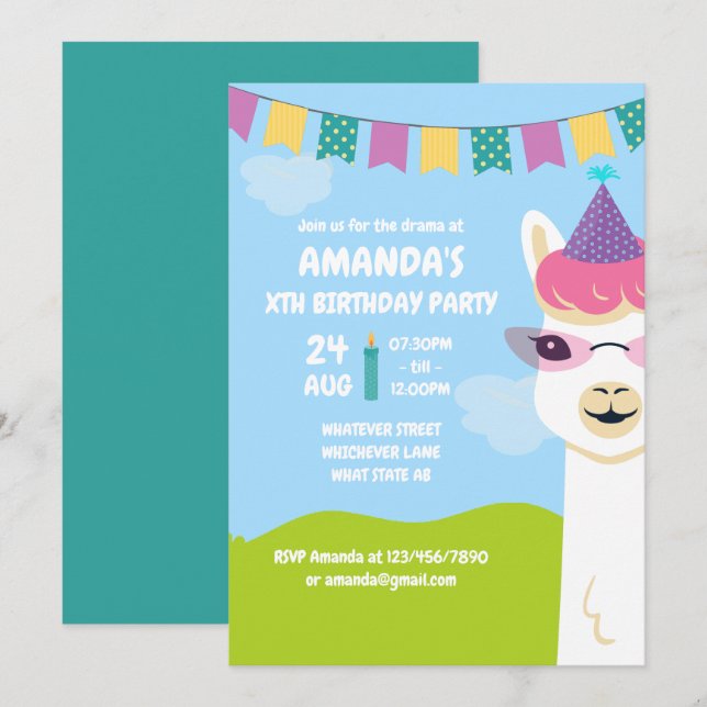 Cute Llama thème Anniversaire de enfant invitation (Devant / Derrière)