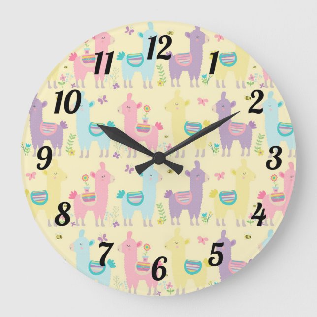 Cute Llamas Pink Yellow Purple Blue Große Wanduhr (Vorderseite)