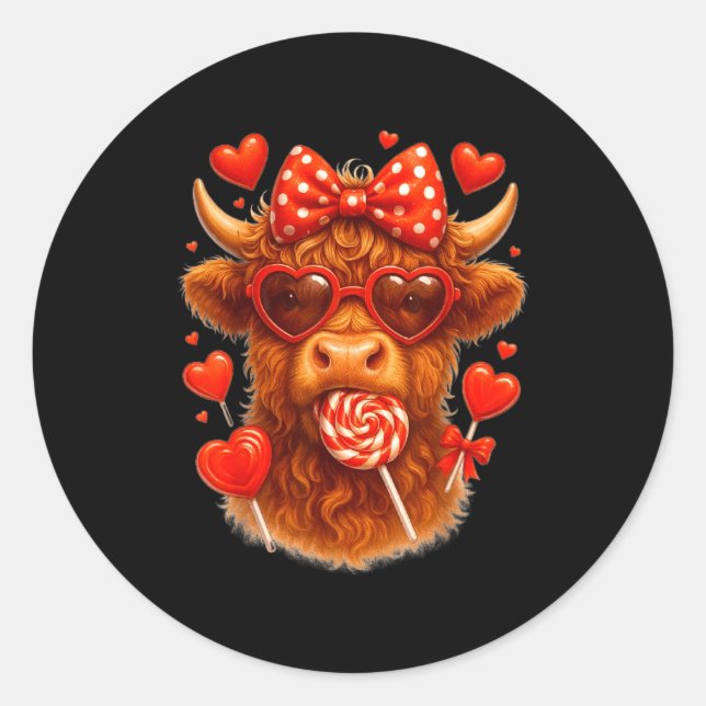 Cute Lollip Highland Cow Valentine's Day Red Heart Runder Aufkleber (Vorderseite)