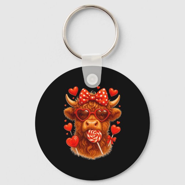 Cute Lollip Highland Cow Valentine's Day Red Heart Schlüsselanhänger (Vorderseite)