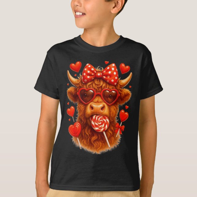 Cute Lollip Highland Cow Valentine's Day Red Heart T-Shirt (Vorderseite)