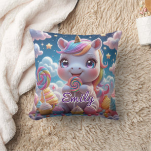 Cute Lollipop Unicorn Coussin - Nom modifiable