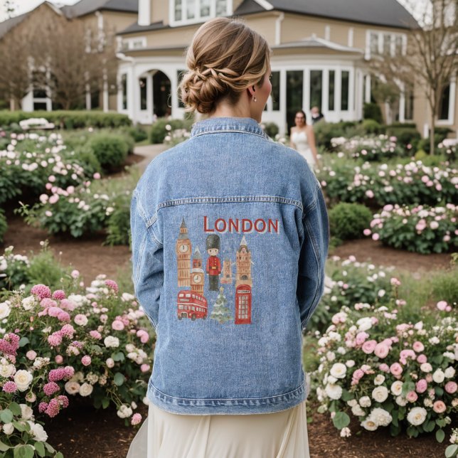 Cute London City British Guard, Big Ben & Red Bus Jeansjacke (Hochzeit Rückseite)