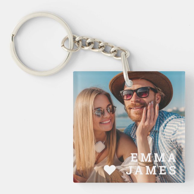 Cute Love Heart Photo Couples Personalized Names Schlüsselanhänger (Vorderseite)