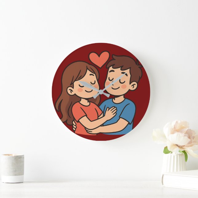  Cute Love Sticker | Cartoon Couple in Love Große Wanduhr (Zuhause)