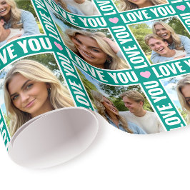 Cute Love You 4 Photo Collage Green Pink Heart Geschenkpapier