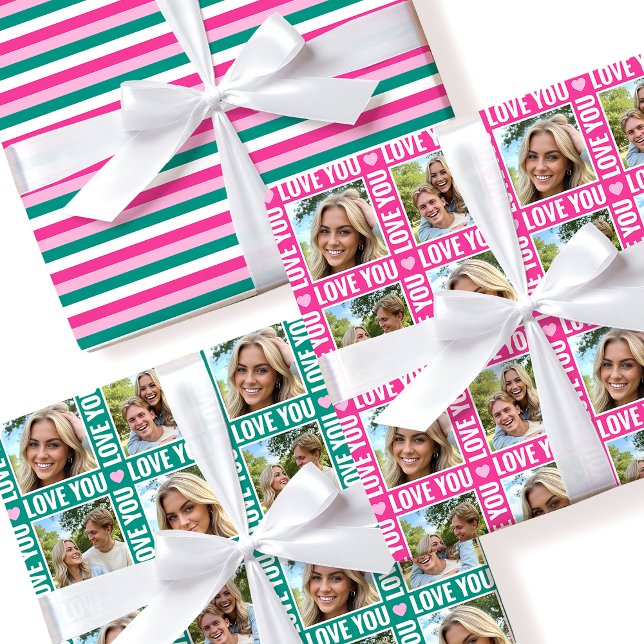Cute Love You 4 Photo Collage Pink Heart 3 Set Geschenkpapier Set (Von Creator hochgeladen)