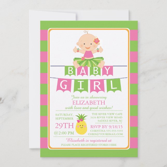 Cute Luau Hula Invitation Baby shower fille (Devant)