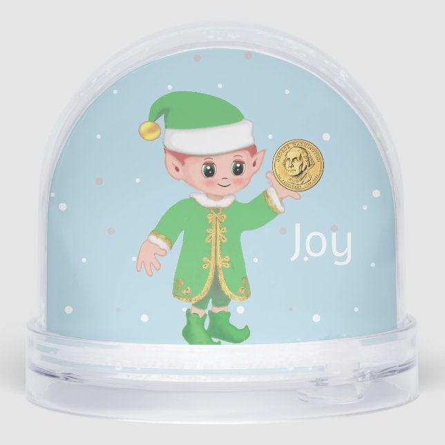 Cute Lucky Elf Holding a Gold Coin Snow Globe Schneekugeln (Rückseite)
