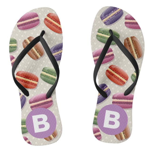 Cute Macaroon Pattern Dotty Purple Monogram Flip Flops (Fußbett)