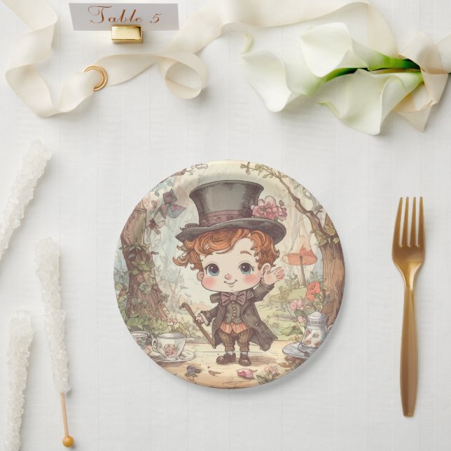 Cute Mad Hatter Whimsical Wonderland Woodland Art Pappteller (Hochzeit)