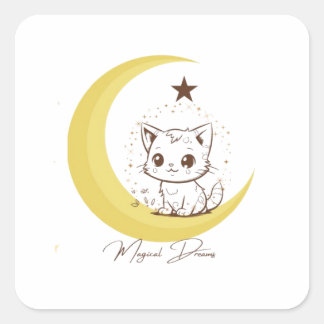 Cute Magical Cat on Moon Starry Dreams - Round Cla Quadratischer Aufkleber