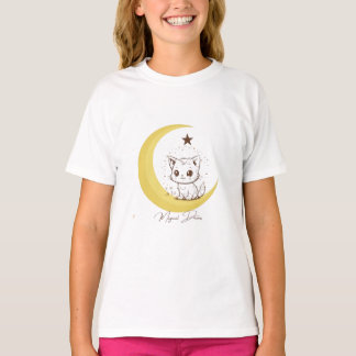 Cute Magical Cat on Moon Starry Dreams - Round Cla T-Shirt