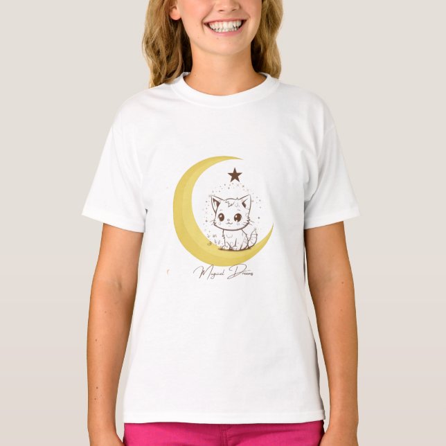 Cute Magical Cat on Moon Starry Dreams - Round Cla T-Shirt (Vorderseite)