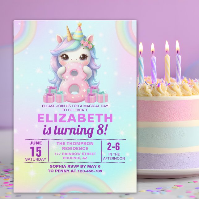 Cute Magical Unicorn8th Birthday – Magical Birthda Einladung (Von Creator hochgeladen)