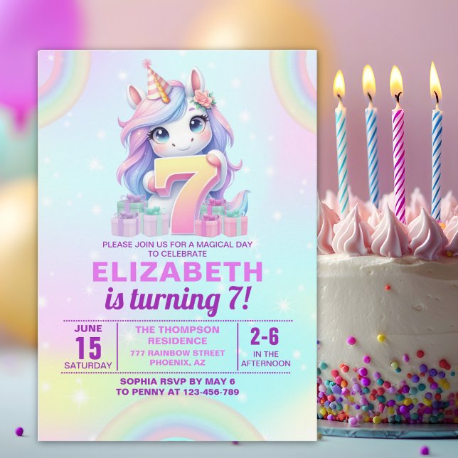 Cute Magical Unicorn 7th Birthday – Rainbow  Einladung (Von Creator hochgeladen)