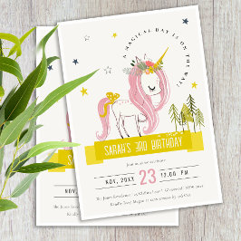 Cute Magical Unicorn Pink Yellow Kids Birthday Einladung