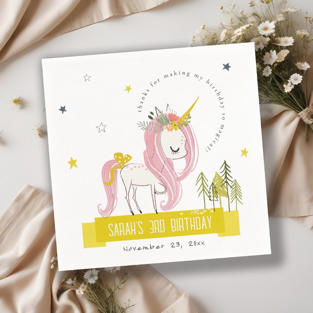 Cute Magical Unicorn Pink Yellow Kids Birthday Serviette (Von Creator hochgeladen)