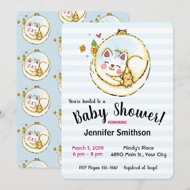 Cute Mama Chat et Kittens Baby Shower Invitations (Devant / Derrière)