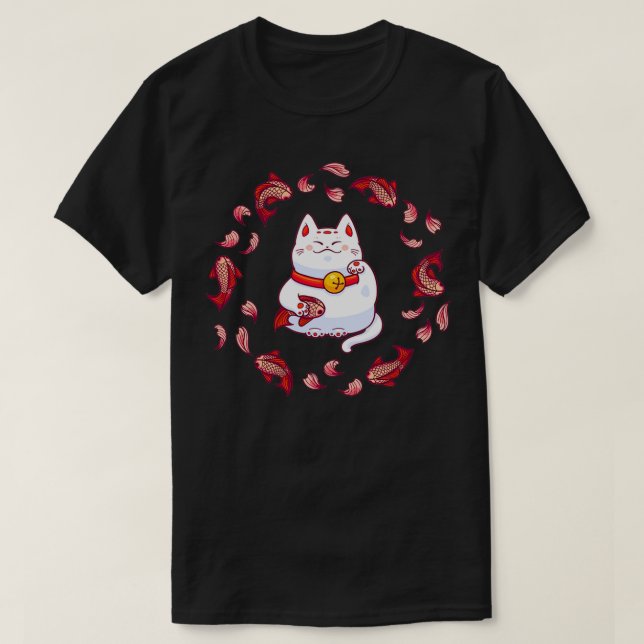 Cute Maneki Neko Lucky Cat with Koi Fish  T-Shirt (Design vorne)