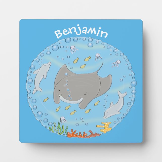 Cute manta ray and bubbles cartoon illustration fotoplatte (Vorderseite)