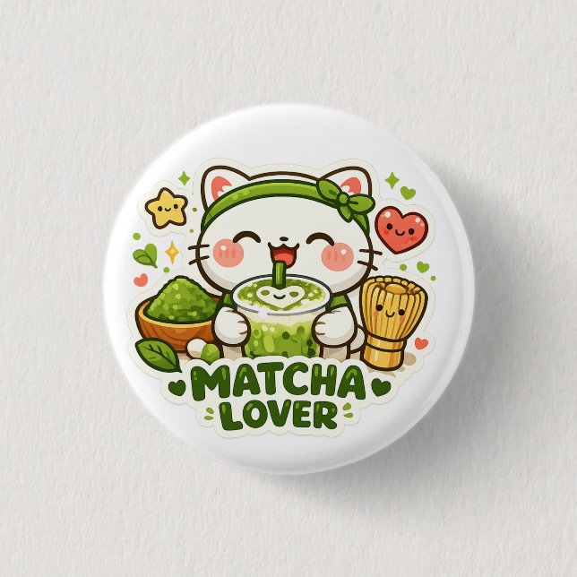 Cute Matcha Lover Cat Button (Vorderseite)