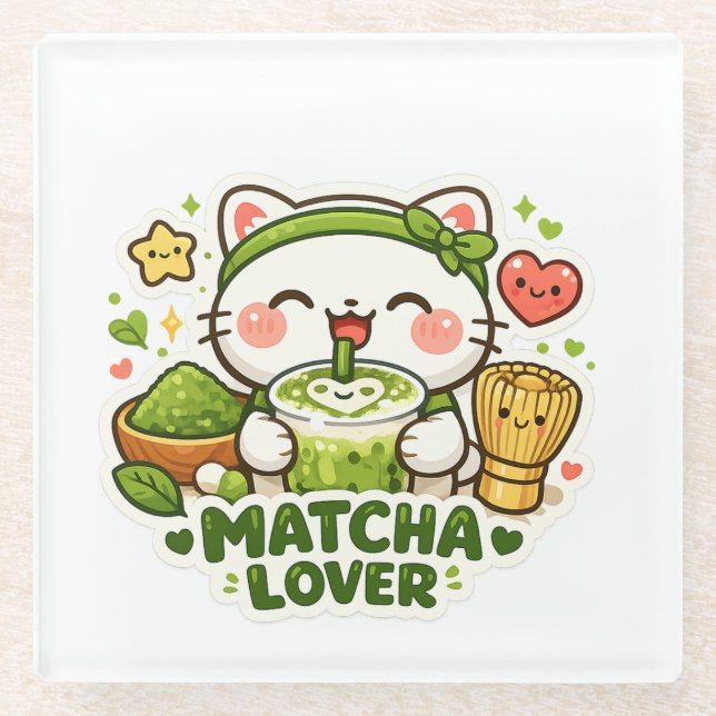 Cute Matcha Lover Cat Glasuntersetzer (Vorderseite)
