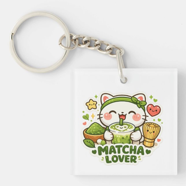 Cute Matcha Lover Cat Schlüsselanhänger (Vorderseite)