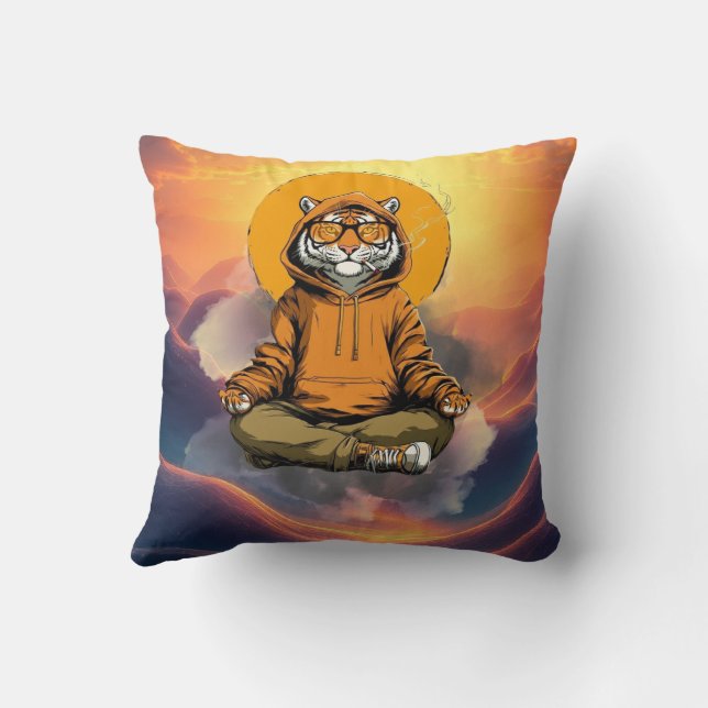 Cute Meditating Tiger – Zen Animal Cartoon Design Kissen (Rückseite)