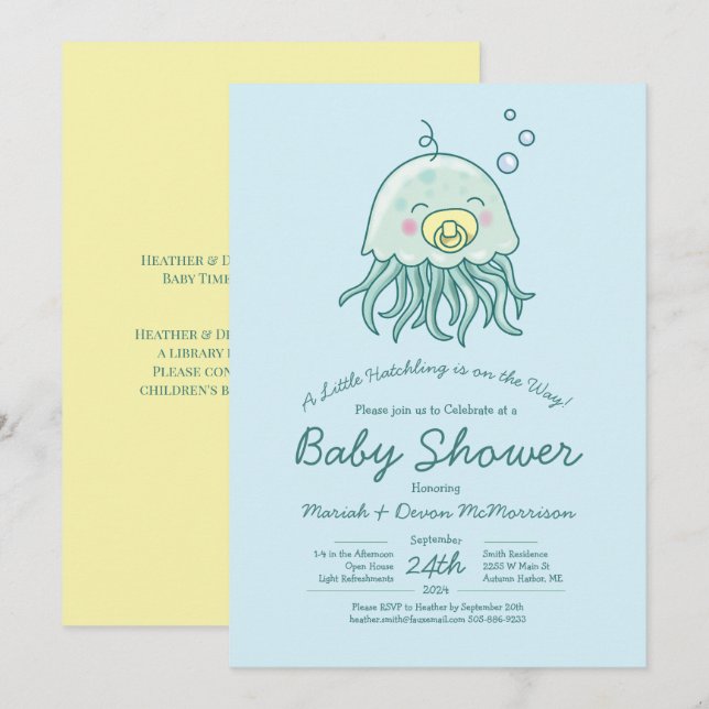 Cute méduse Baby shower Kawaii Invitation (Devant / Derrière)