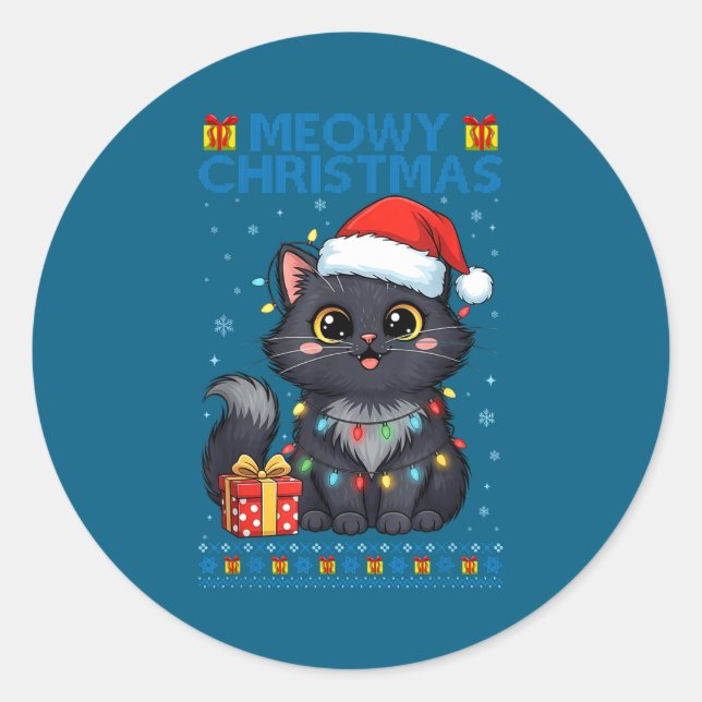Cute Meowy Christmas Cat – Kawaii Holiday Kitty Te Runder Aufkleber (Vorderseite)