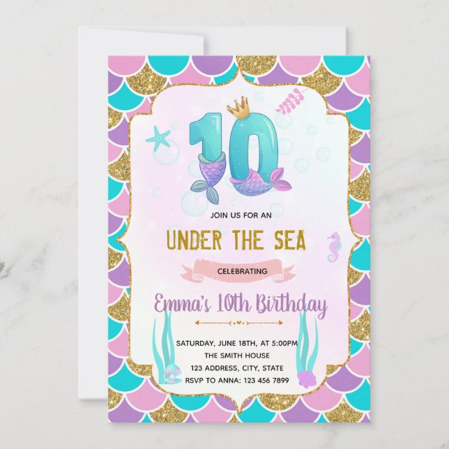 Cute mermaid 10e anniversaire invitation (Devant)