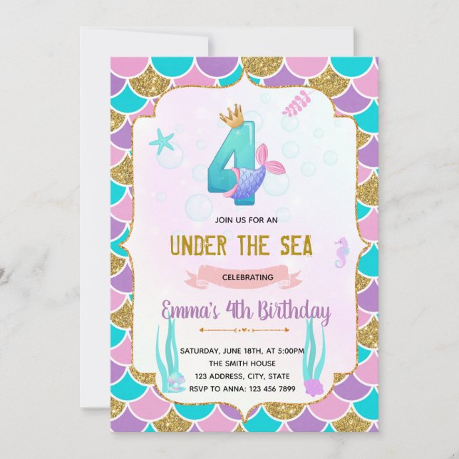 Cute mermaid 4e anniversaire invitation (Devant)