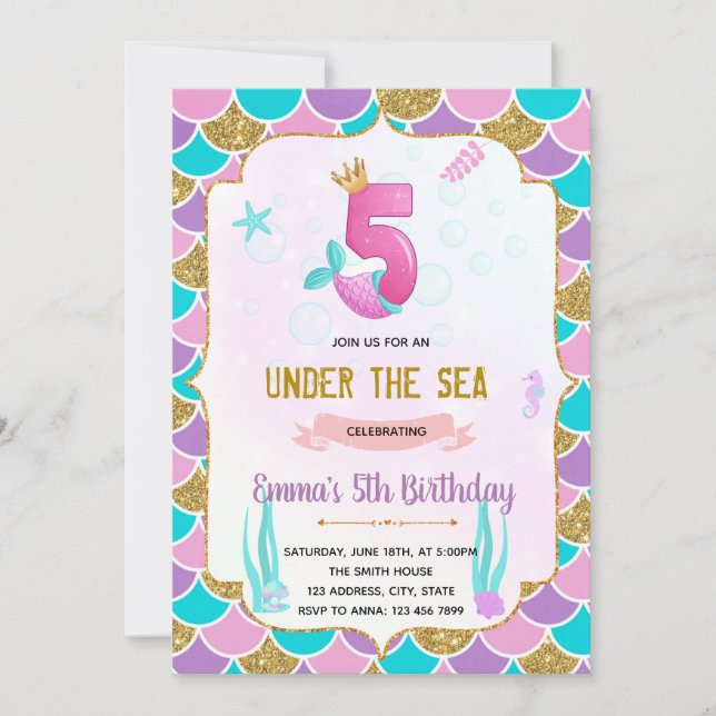 Cute mermaid 5e anniversaire invitation (Devant)