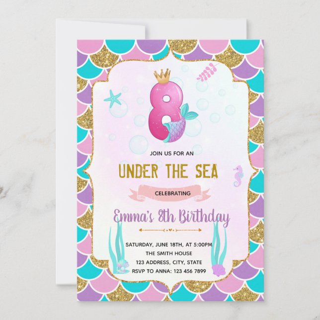 Cute mermaid 8e anniversaire invitation (Devant)