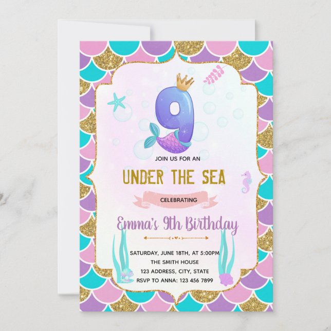 Cute mermaid 9e anniversaire invitation (Devant)