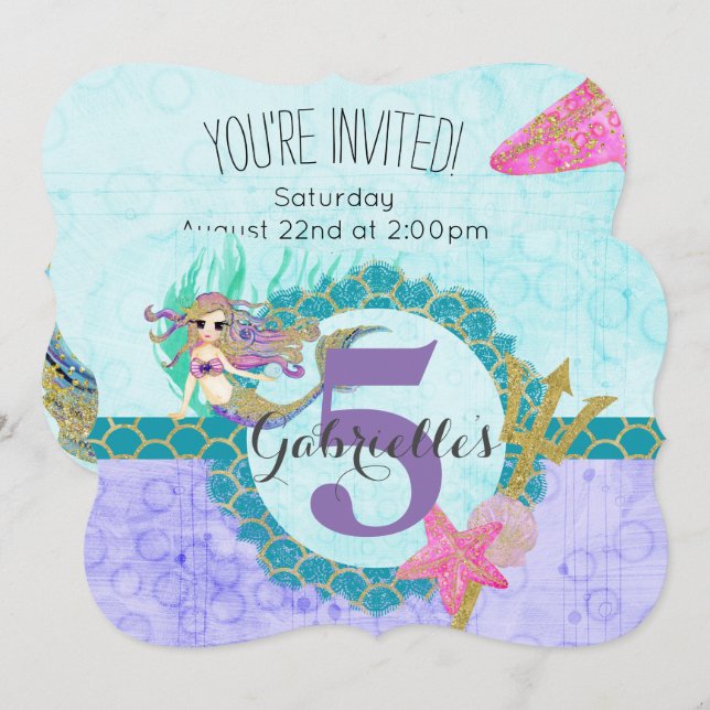 Cute Mermaid Aqua Petite Fille Invitation Annivers (Devant / Derrière)