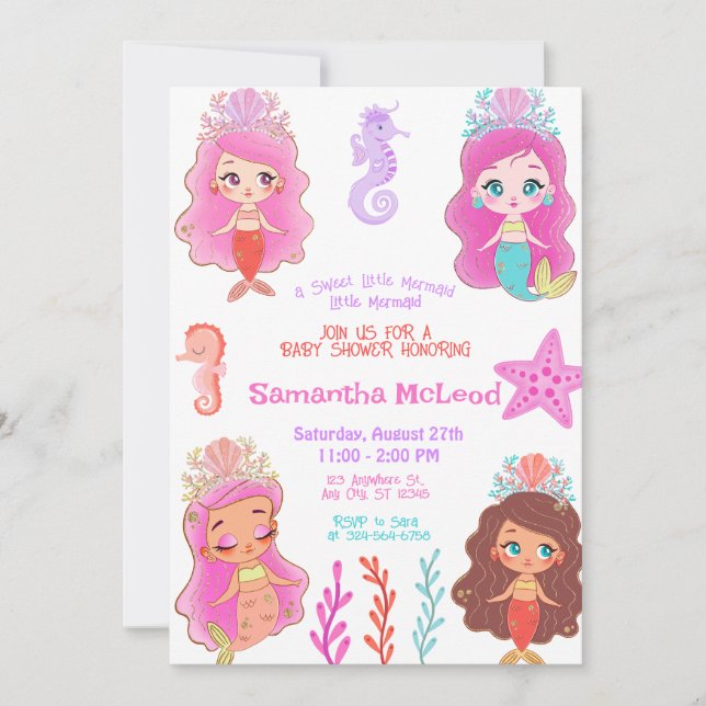 Cute Mermaid Baby Shower Under the Sea Baby Girl  Einladung (Vorderseite)