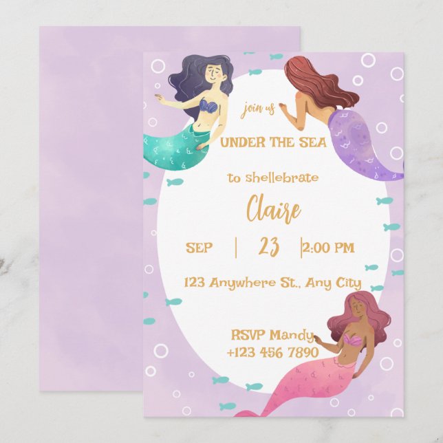 Cute Mermaid Birthday Invitation Einladung (Vorne/Hinten)