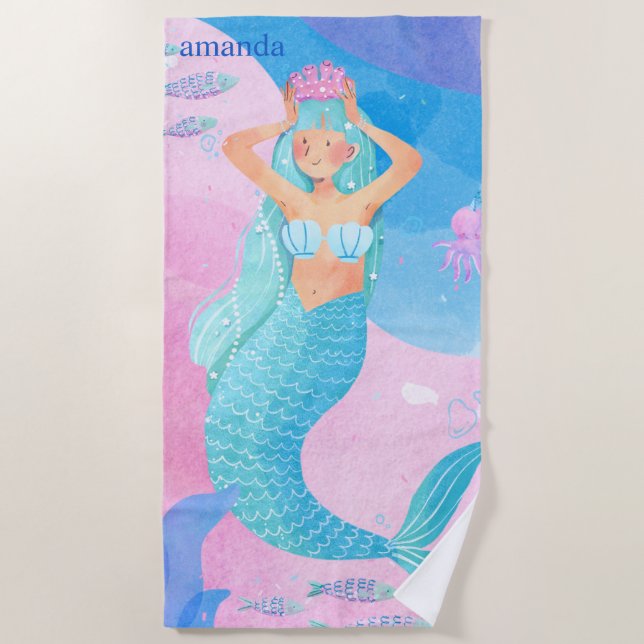 Cute mermaid colorful watercolors illustration strandtuch (Vorderseite)