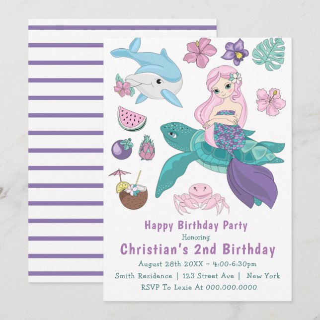 Cute Mermaid et ses amis 2e Invitations d'annivers (Devant / Derrière)