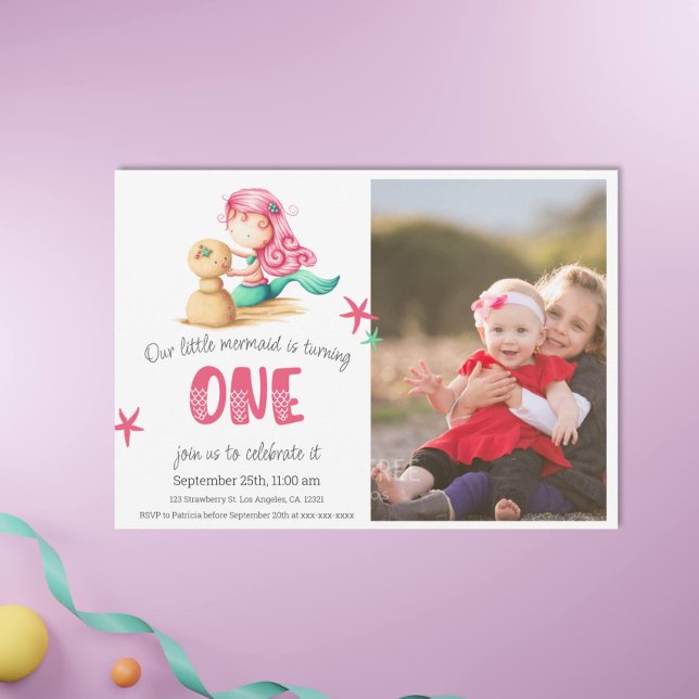 Cute Mermaid First Birthday Photo Invitation (Pink Mermaid First Birthday Photo Invitation by Kinda Cute by Patricia Alvarez)