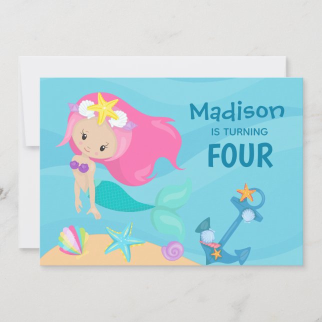 Cute Mermaid Girl Custom Birthday Party Invitation (Devant)