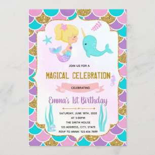 Cute mermaid narval thème invitation