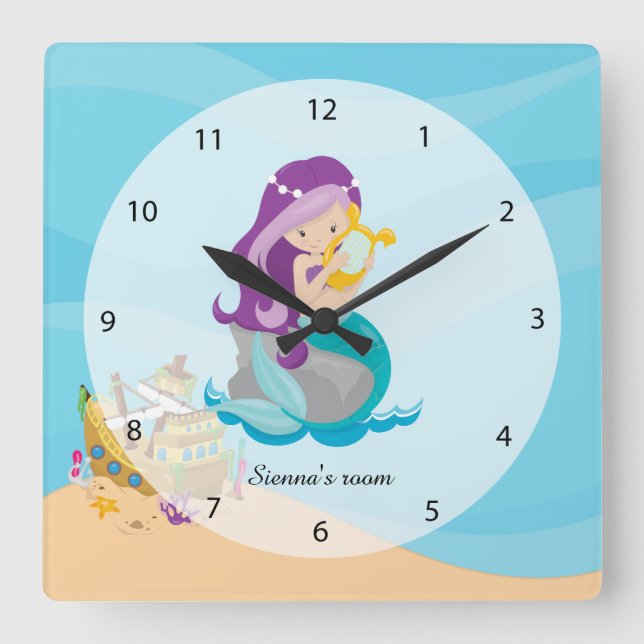 Cute Mermaid Quadratische Wanduhr (Vorderseite)
