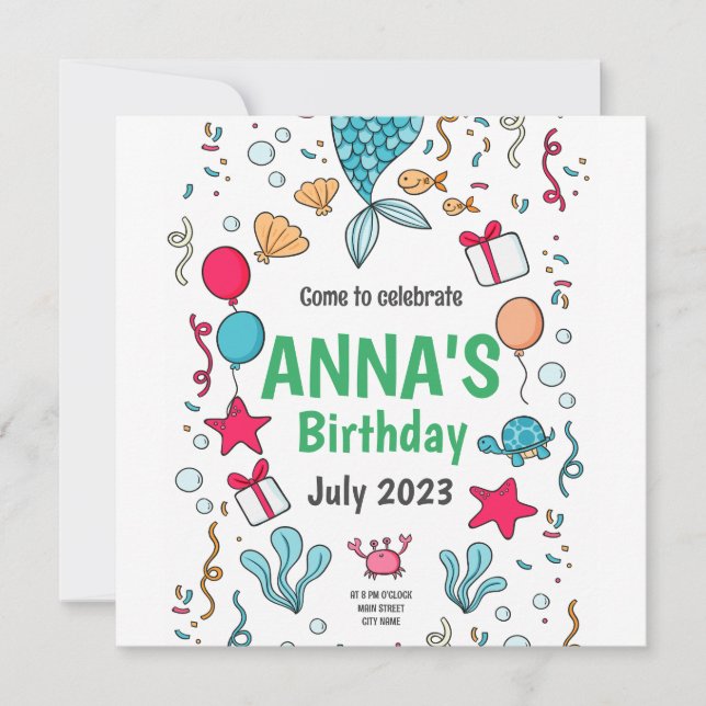Cute Mermaid Tail, Mermaid Invitation Anniversaire (Devant)